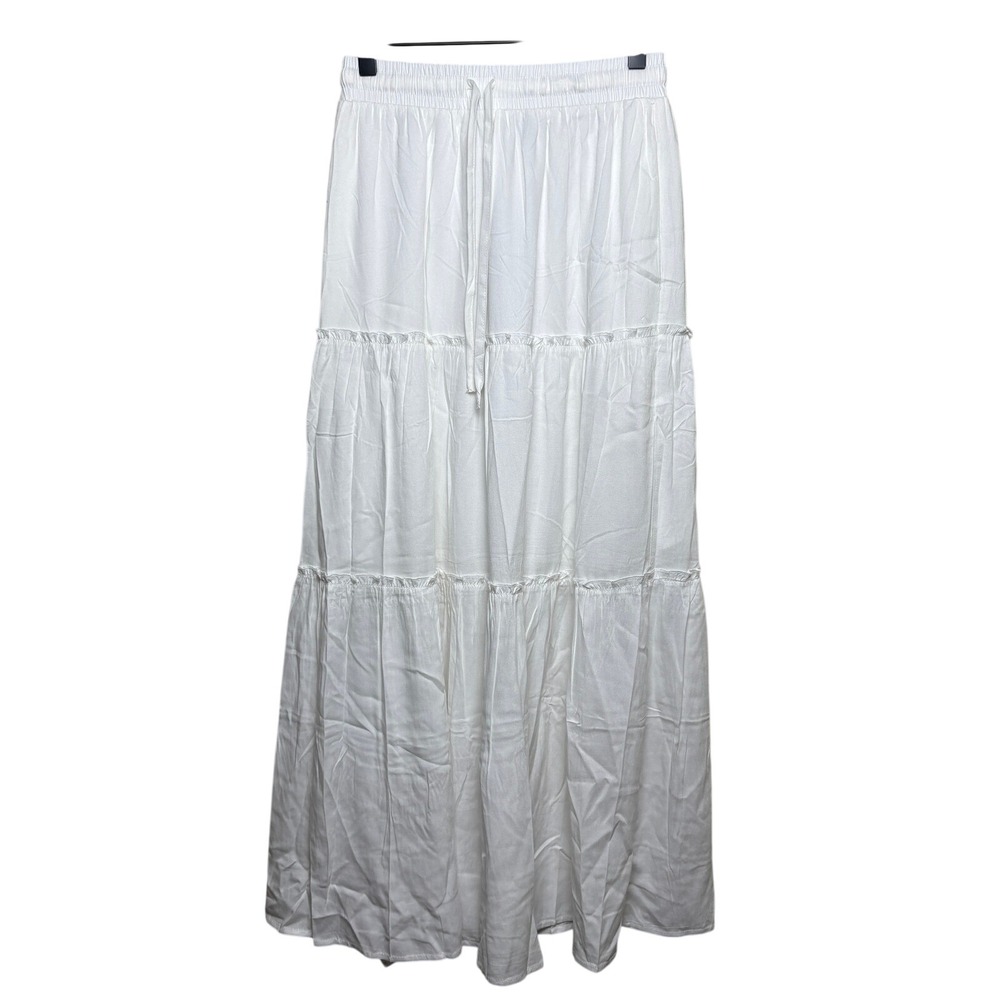 NWT HAEOF‎ White Drawstring Elastic Waistband Tiered Long Maxi Skirt Womens XS